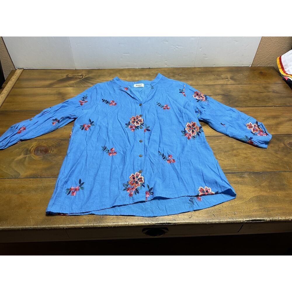 Anthropologie Kindred 1X Blouse Blue Embroidered Boho Peasant